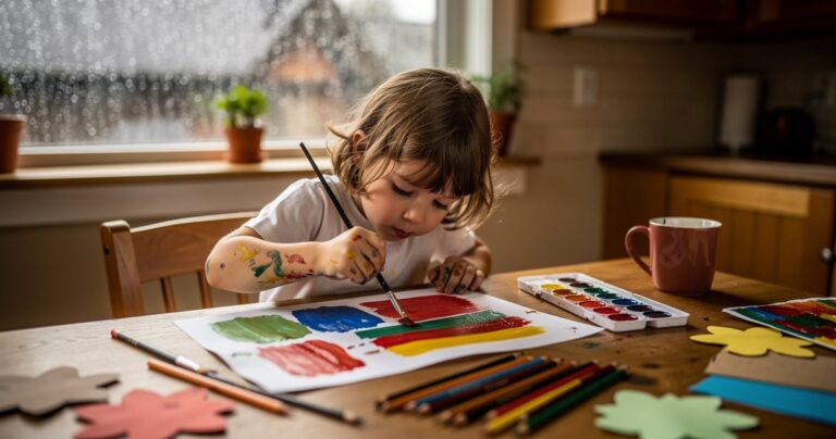 Enfant peignant à l'aquarelle sur la table de la cuisine un jour de pluie