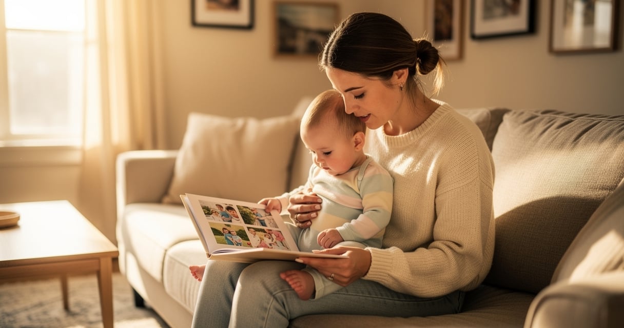 Une maman et son bébé regardent un album photo de la première année sur un canapé