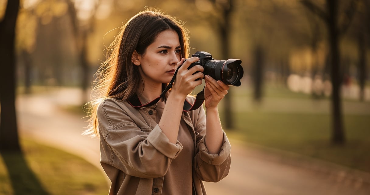 Une jeune femme apprend la photographie seule en extérieur avec son appareil hybride à l'heure dorée
