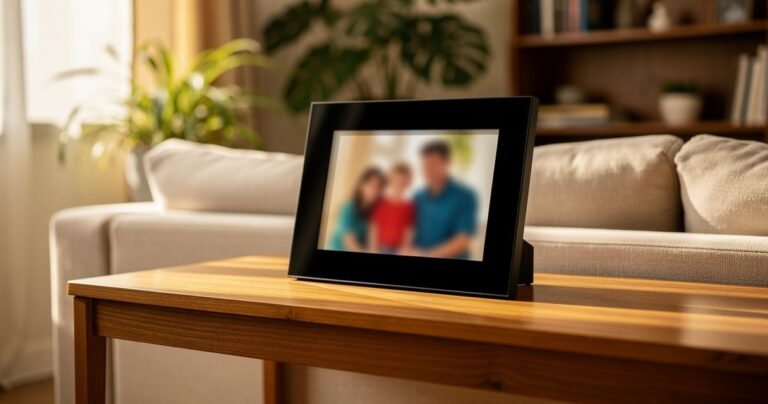 Cadre photo numerique connecte pose sur une console en bois dans un salon familial