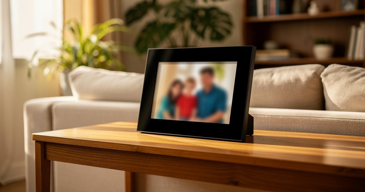 Cadre photo numerique connecte pose sur une console en bois dans un salon familial