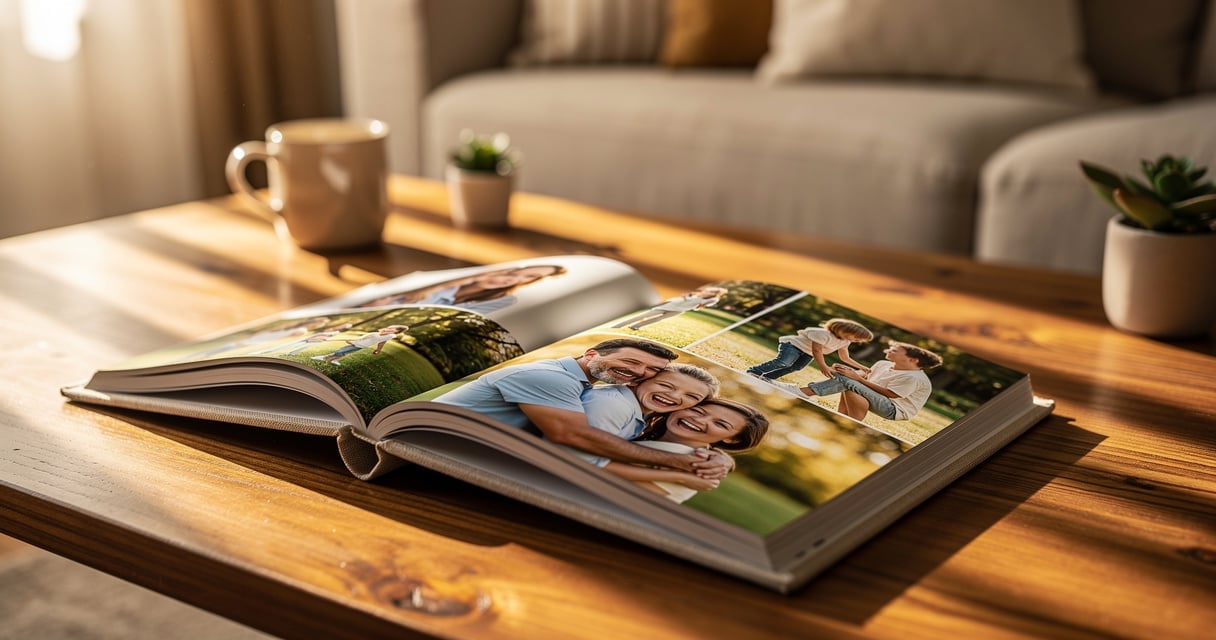 Livre photo à couverture rigide ouvert sur une table basse en bois