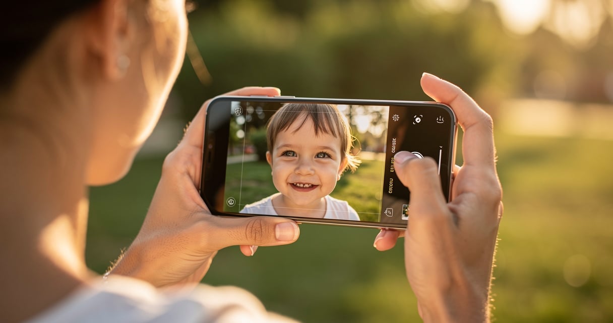 Personne utilisant le mode portrait de son smartphone pour photographier un enfant en extérieur