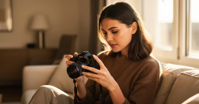 Débutante en photographie examinant ses photos sur l'écran de son appareil