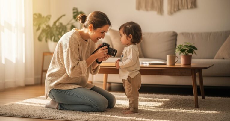 Parent à hauteur d'enfant s'exerçant à la photo avec un appareil hybride dans un salon lumineux