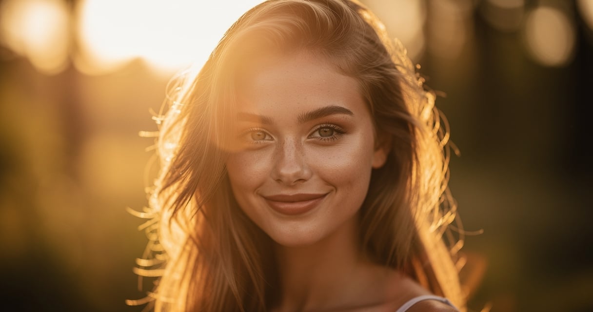 Portrait de femme à l'heure dorée avec lumière dorée et halo de contre-jour
