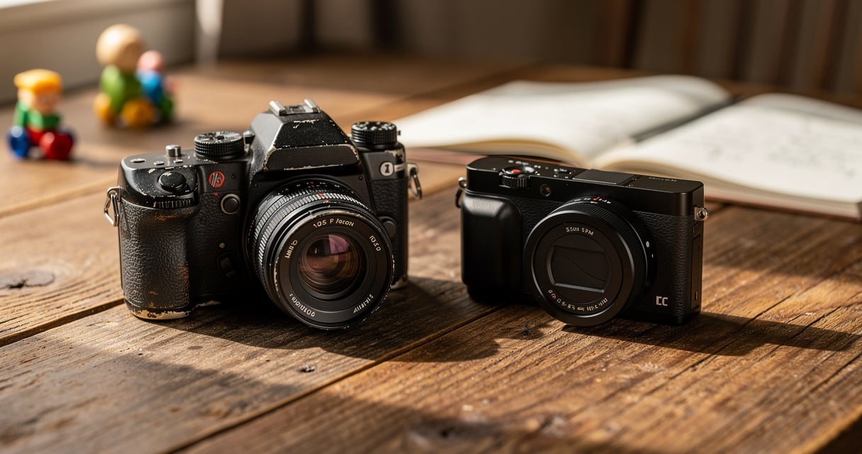 Comparaison entre un appareil photo reflex et un appareil photo hybride posés sur une table en bois