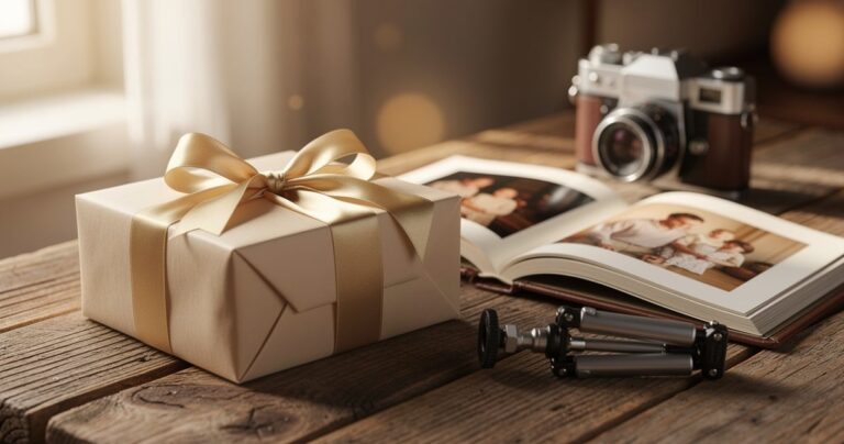 Selection de cadeaux pour photographe : appareil vintage, album photo et trepied sur une table en bois