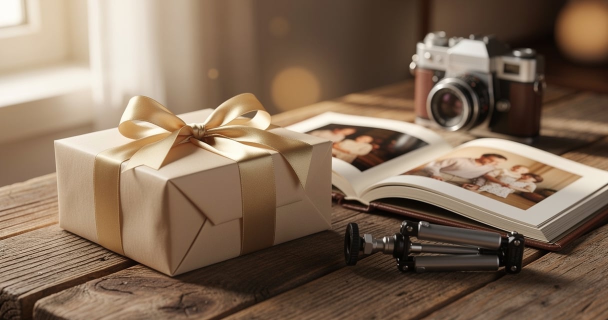 Selection de cadeaux pour photographe : appareil vintage, album photo et trepied sur une table en bois