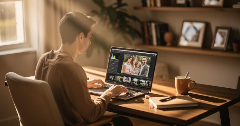 Personne retouchant ses photos de famille sur un ordinateur portable dans un bureau cosy