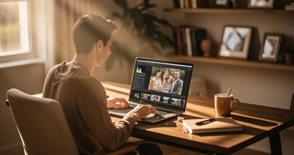 Personne retouchant ses photos de famille sur un ordinateur portable dans un bureau cosy
