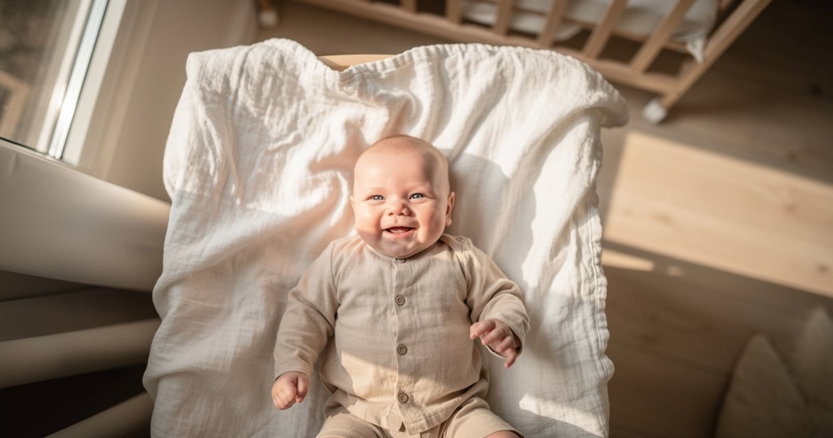 Bébé souriant allongé sur une couverture blanche près d une fenêtre avec une lumière naturelle douce