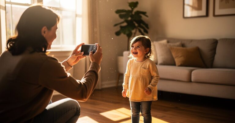 Parent à hauteur d enfant qui photographie sa fille au smartphone dans un salon ensoleillé