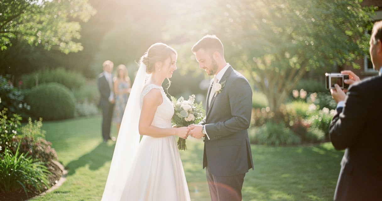 Couple de mariés photographié par un proche dans un jardin ensoleillé