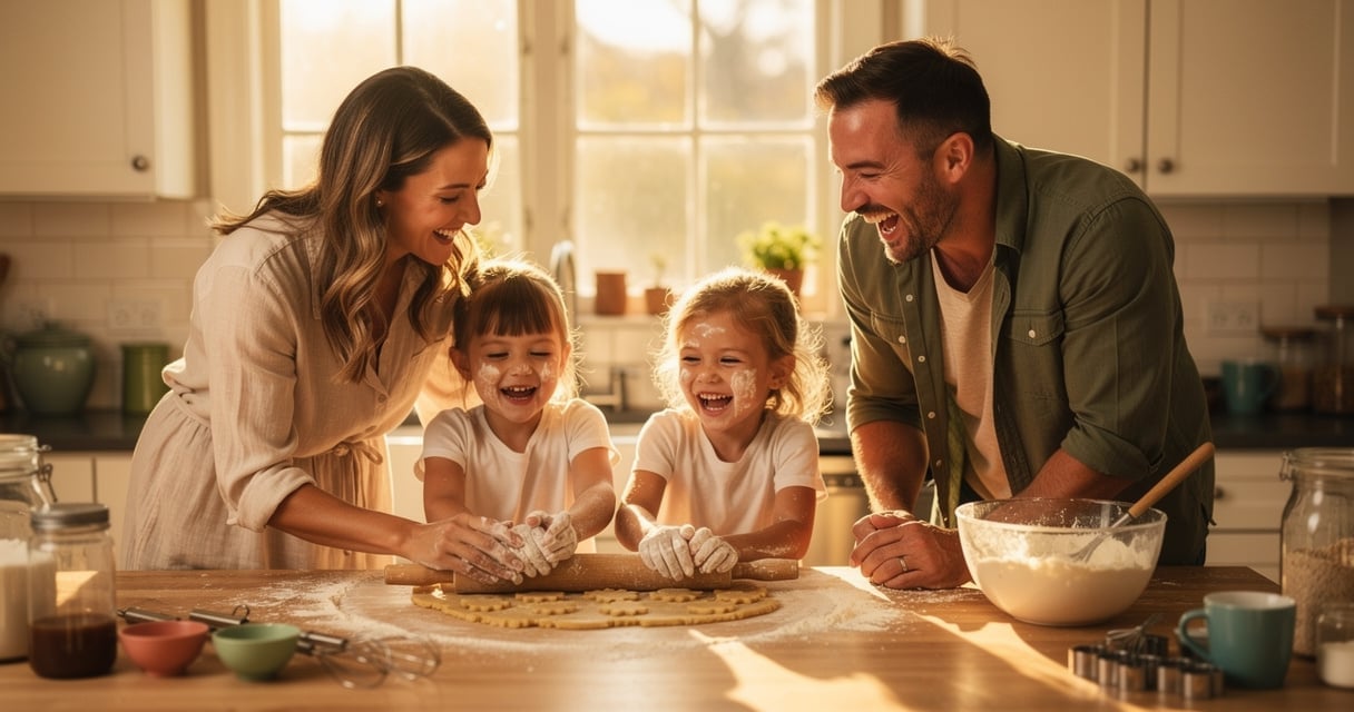 Famille riant ensemble en faisant des biscuits dans une cuisine ensoleillée