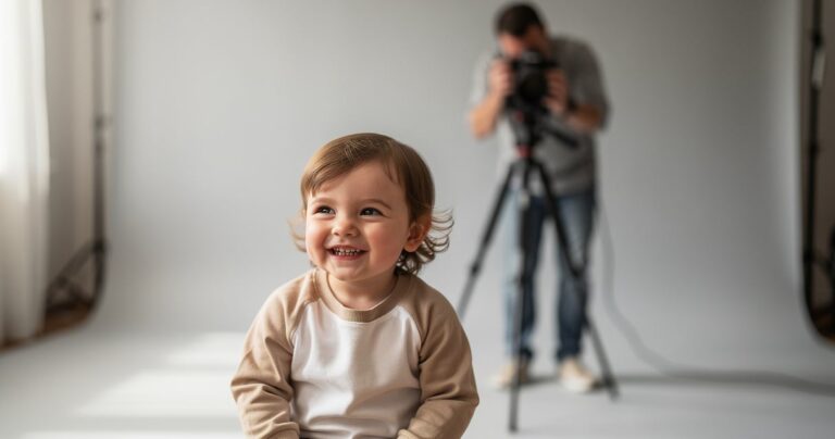 Enfant souriant lors d une séance book photo en studio avec lumière naturelle