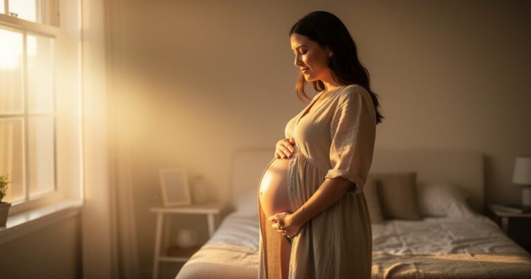 Future maman en robe beige posant pour une séance photo grossesse en lumière naturelle