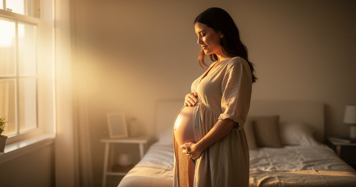 Future maman en robe beige posant pour une séance photo grossesse en lumière naturelle