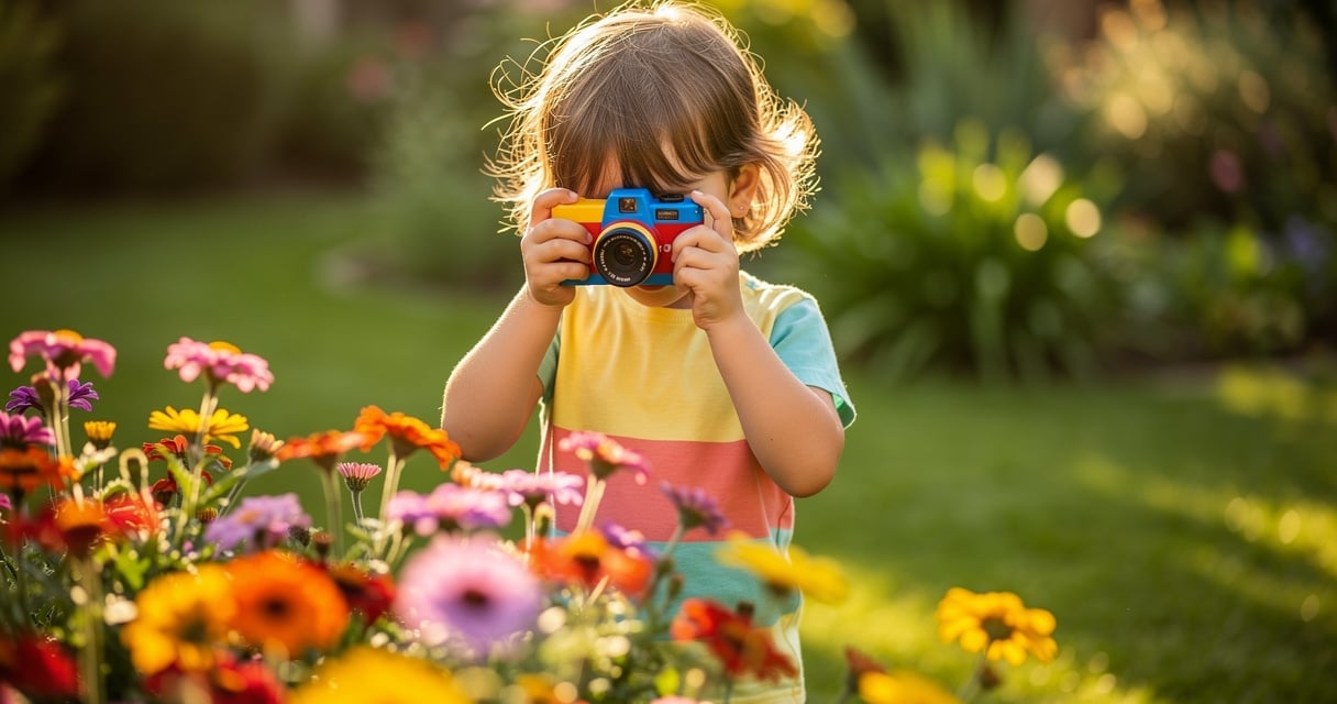 Enfant photographiant des fleurs dans un jardin avec son appareil photo