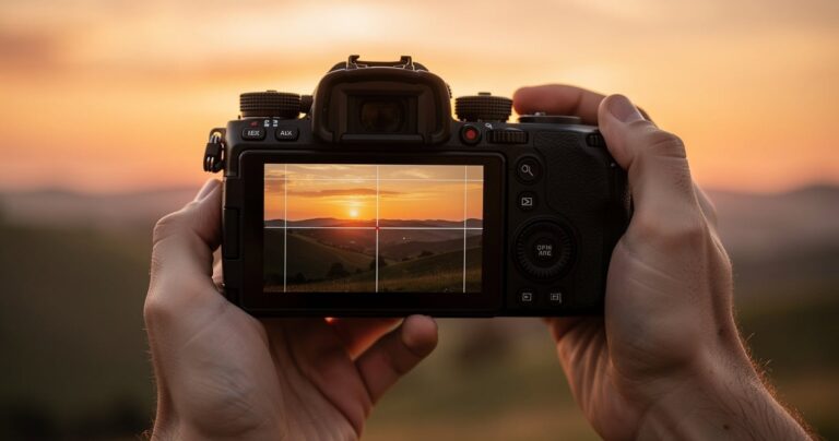Grille de la règle des tiers visible dans le viseur d'un appareil photo cadrant un paysage au coucher du soleil