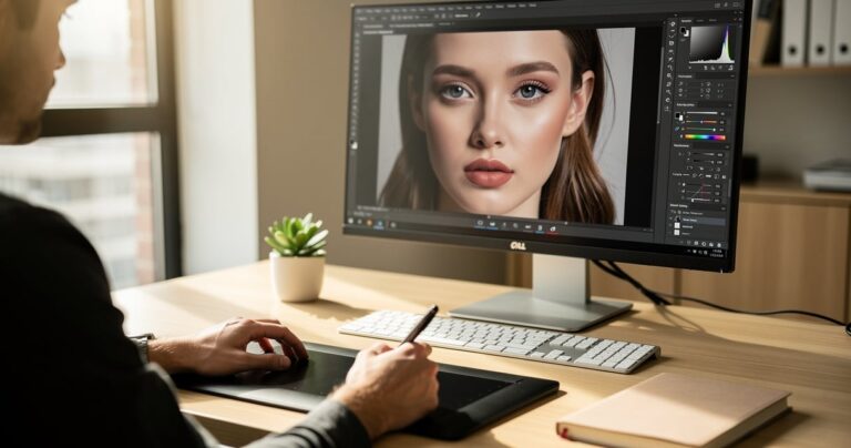Photographe en train de retoucher un portrait sur Lightroom devant un grand écran