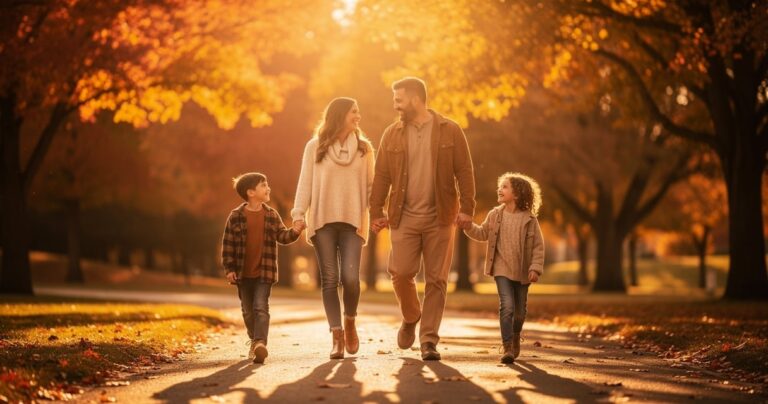 Famille se promenant dans un parc en automne pendant une séance photo en famille