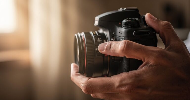 Photographe réglant son appareil photo, mise au point sur les commandes de l'objectif