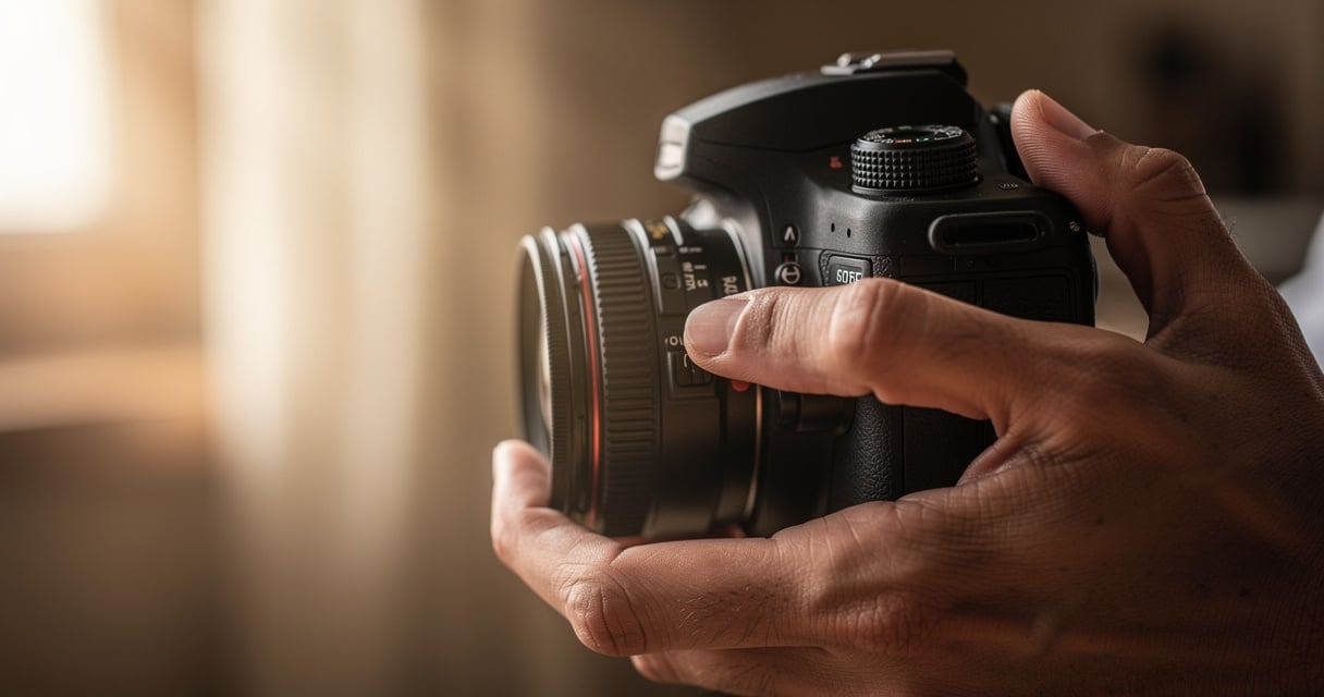 Photographe réglant son appareil photo, mise au point sur les commandes de l'objectif
