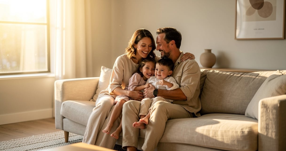 Séance photo famille lifestyle dans un salon chaleureux avec lumière naturelle